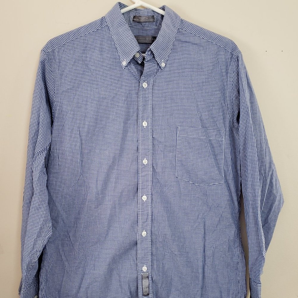 GEOFFREY BEENE MEN'S BLUE AND WHITE COTTON CASUAL BUTTON FRONT CASUAL SHIRT